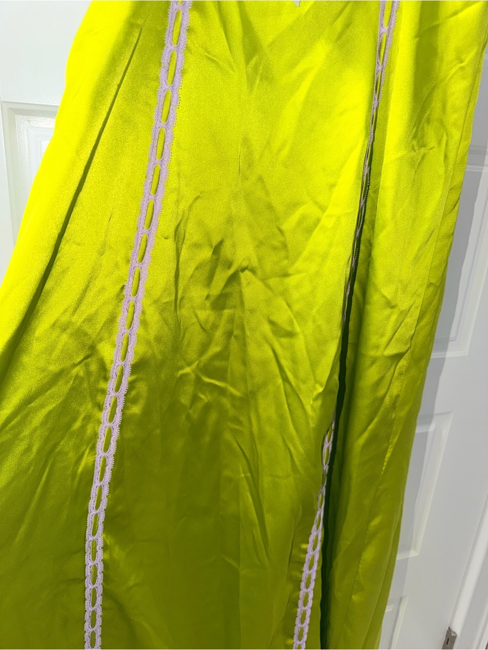 Betsey Johnson Lime Green Satin Maxi Dress with Lavender Trim - Picture 4 of 4
